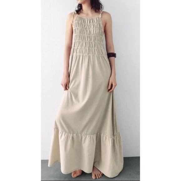 Zara Dresses & Skirts - ZARA Gathered Maxi Dress Stone Neutral Size M Boho Flowy Summer Tiered